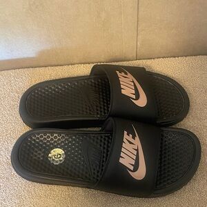 Nike Black and Pink Slide Sandals